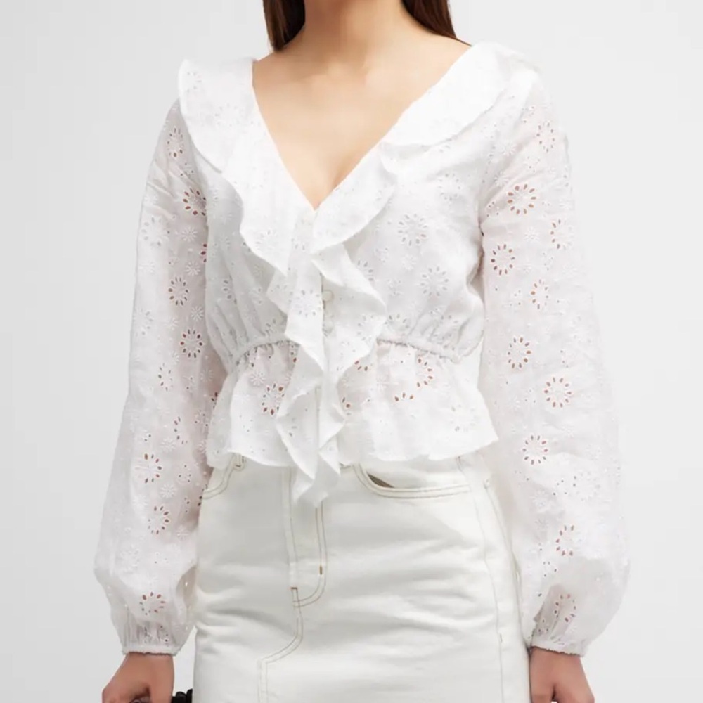 NEW Frame Ruffle-Front Eyelet Top White Raime Cotton Size XS Feminine Western